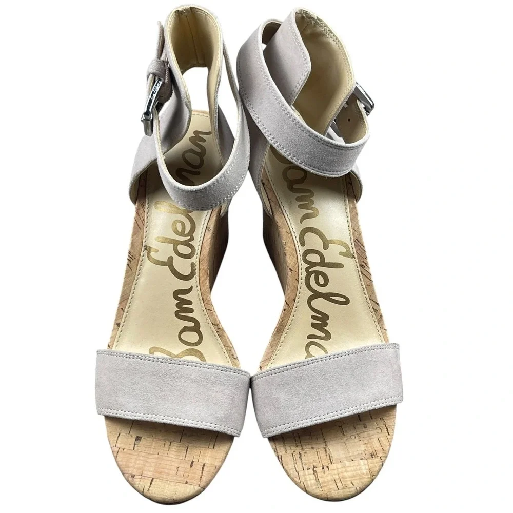 Sam Edelman Women Light Gray Suede Cork Wedge Sandals Size 6.5 Ankle Strap Shoes